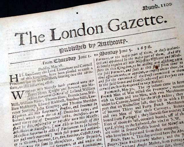 Genuine London Gazette newspaper from 1676...