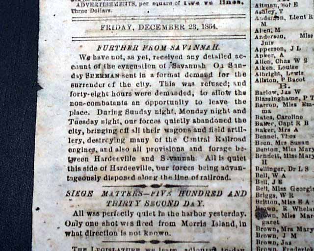 A Confederate newspaper reports the loss of Savannah...