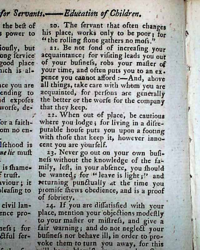 Botany Bay... Rules for servants... Indian skirmishes in America