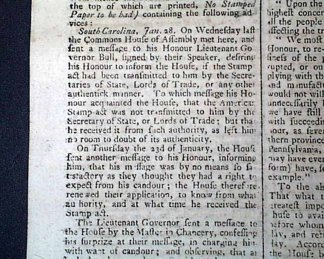 Effects of the Stamp Act riots: South Carolina distributor is refusing to issue any stamped paper...