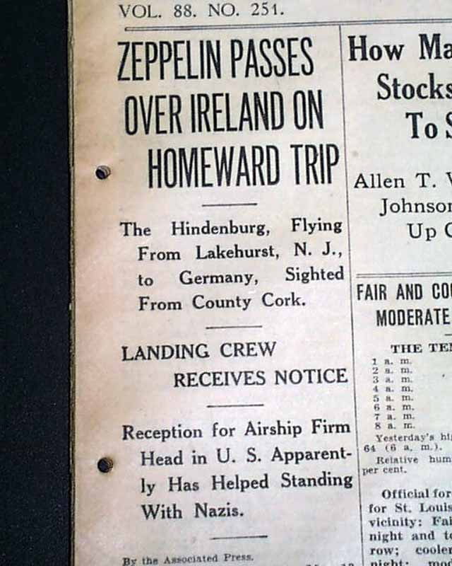 First journey of the Nazi zeppelin Hindenburg to the U.S.... return flight...