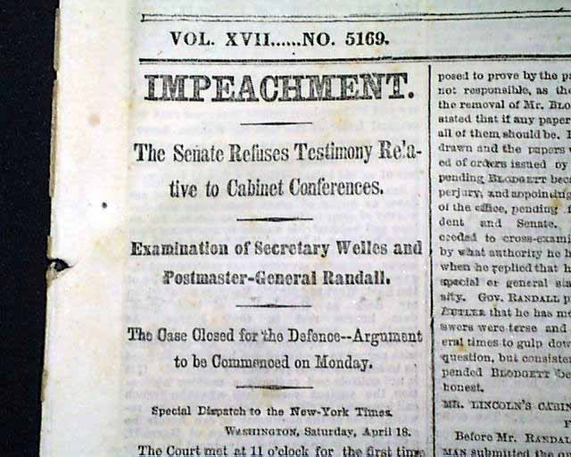 Impeachment trial of Andrew Johnson...   A salute to visiting Charles Dickens...