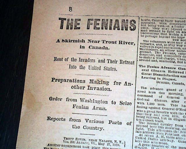 1870 Fenian Raids Into Canada.... - RareNewspapers.com