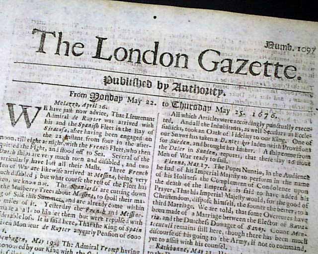 Genuine London Gazette newspaper from 1676...
