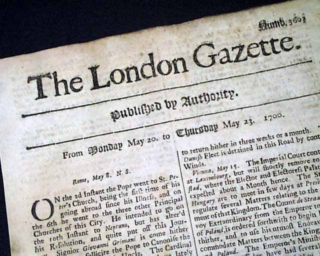 Genuine London Gazette newspaper from 1700...