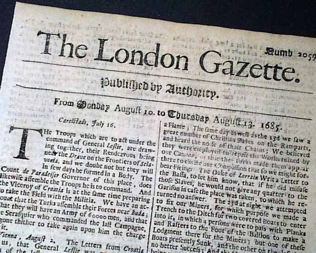 Genuine London Gazette newspaper from 1685...