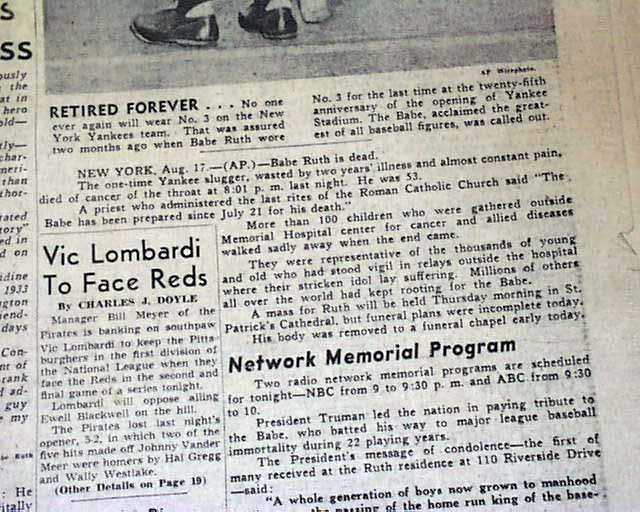 ⚾️On August 16, 1948, at 8:01 p.m., the legendary Babe Ruth died