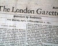 Genuine London Gazette newspaper from 1671...
