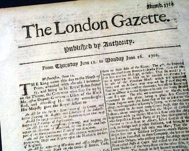 Genuine London Gazette newspaper from 1701...