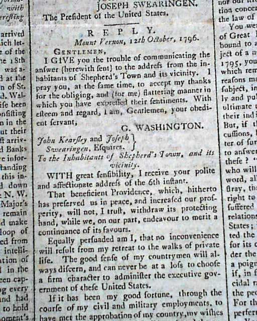 1796 Newspaper President GEORGE WASHINGTON & John Jay Letters ...
