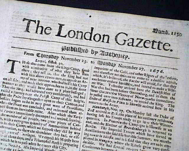 Genuine London Gazette newspaper from 1676...