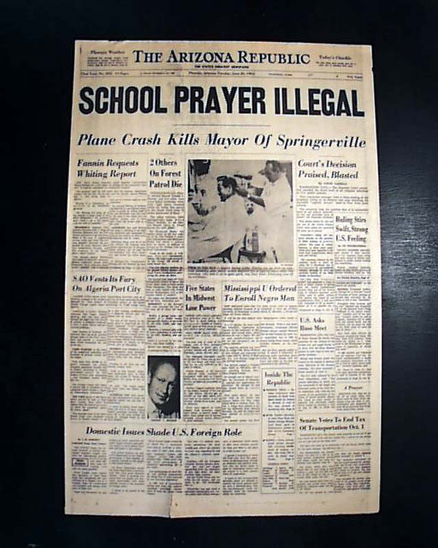 Supreme Court outlaws school prayer. RareNewspapers