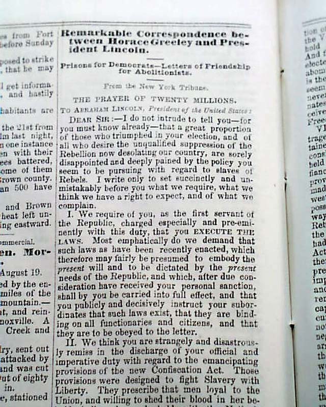 Lincoln's famous letter to Greeley on the 'Prayer of twenty millions'...