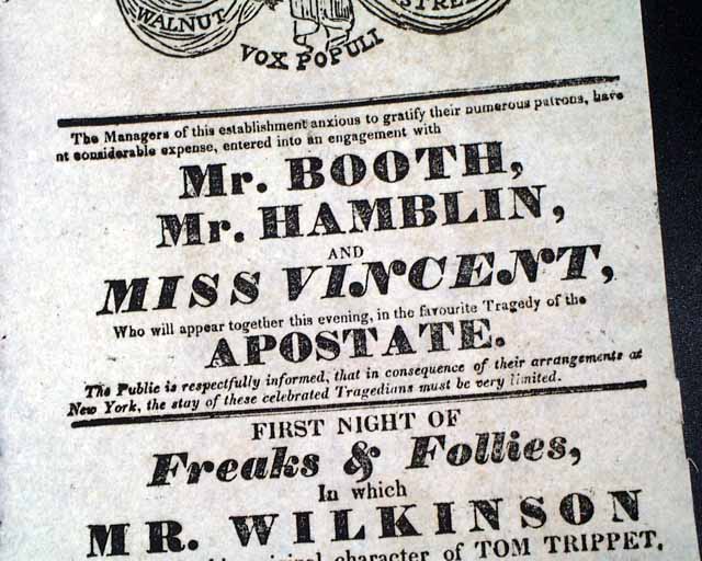 Philadelphia theatre broadside with "Mr. Booth" appearing...