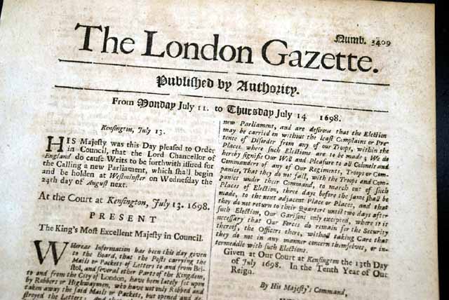 Genuine London Gazette newspaper from 1698...