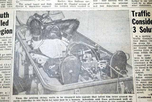 Enos the Chimpanzee orbits the Earth in 1961...