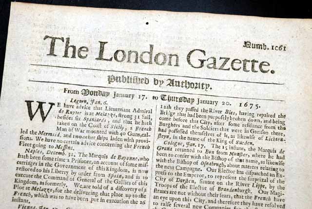 Genuine London Gazette newspaper from 1675...