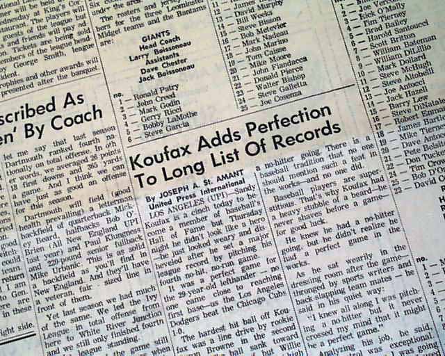 1965 Sporting News: Sandy Koufax Perfect Game