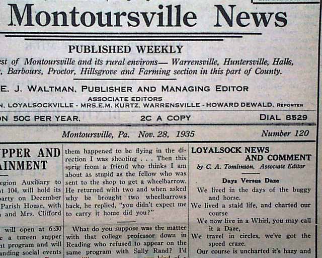 Quaint, local newspaper from Montoursville, Pennsylvania