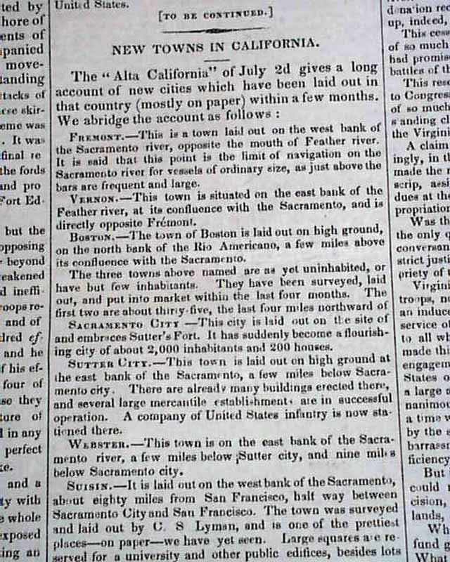 Early Settling In California Construction Of New Cities Gold Rush 1849 Newspaper Ebay