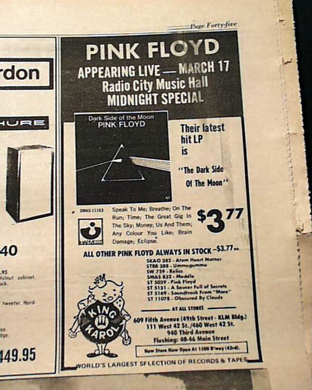 1973 &quot;The Dark Side of the Moon&quot; concert &amp; album Ad... - RareNewspapers.com