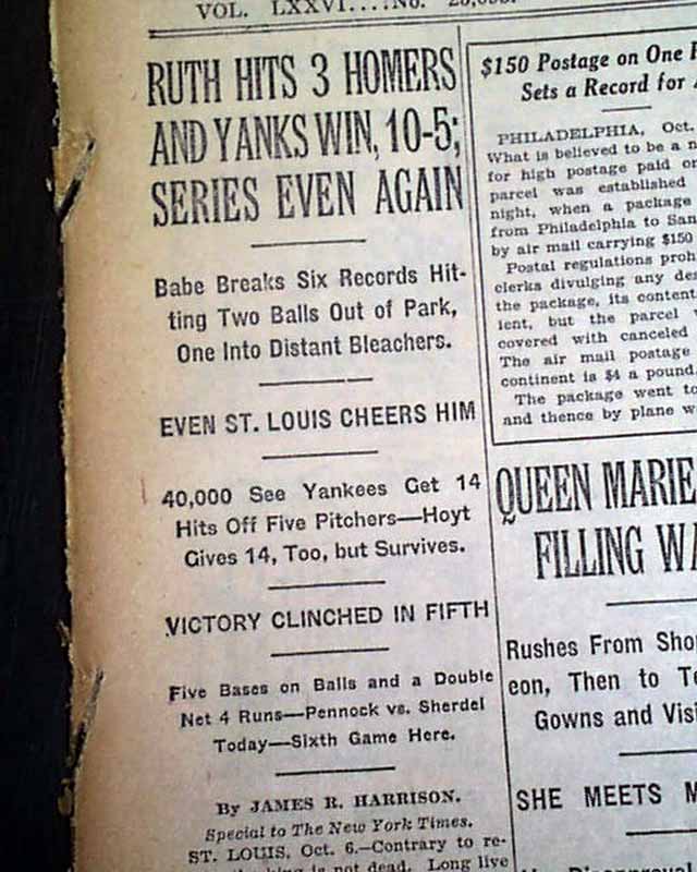 Best BABE RUTH World Series 3 HOME RUNS New York Yankees Baseball 1926 Newspaper | eBay