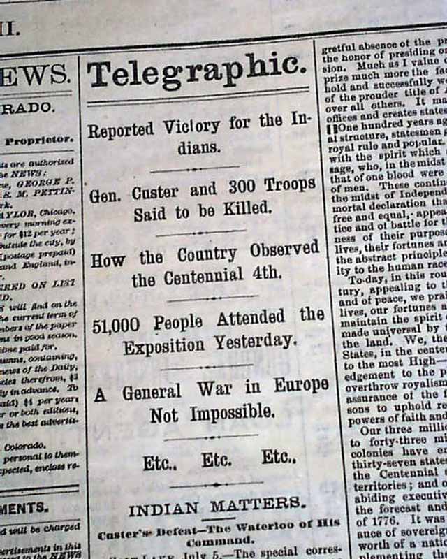 Newspaper: Report of General Custer's Death