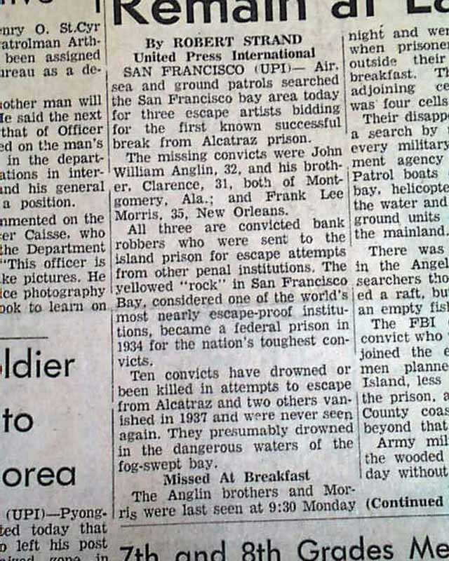 1962 alcatraz prison escape attempt rarenewspapers