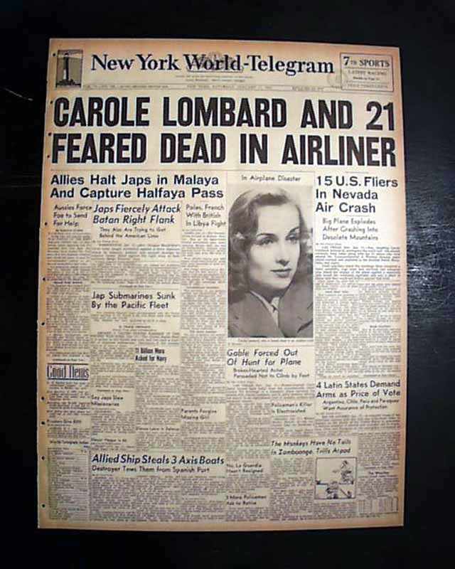 Actress Carole Lombard airplane crash... - RareNewspapers.com