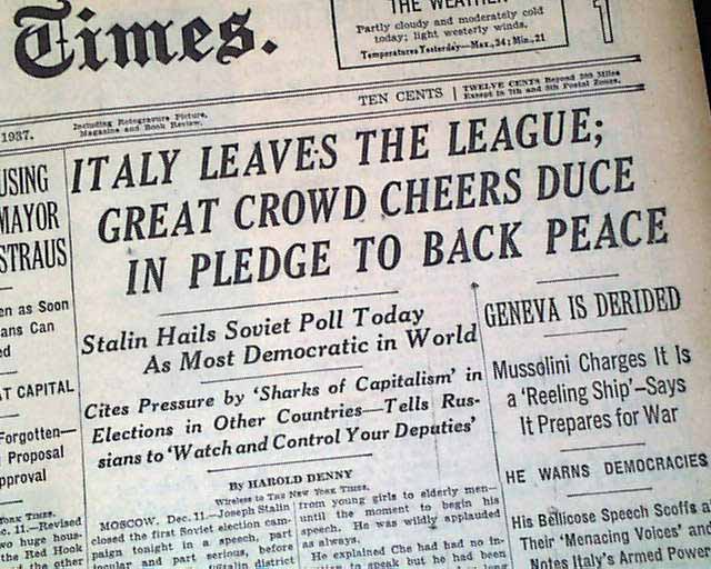Italy leaves the League of Nations... - RareNewspapers.com