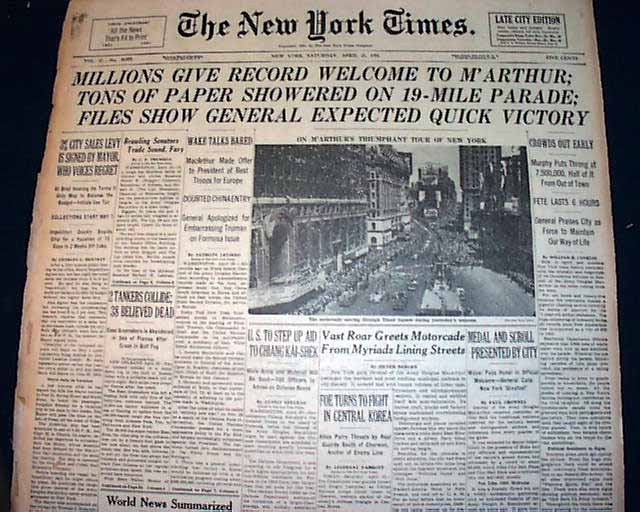 1951 Douglas MacArthur ticker tape... - RareNewspapers.com