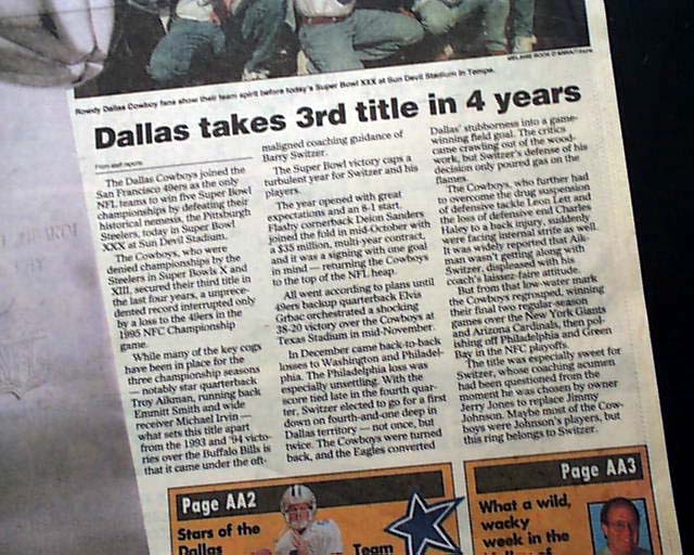 Souvenir Edition Printed same-day The Dallas Cowboys win Super Bowl  XXX 