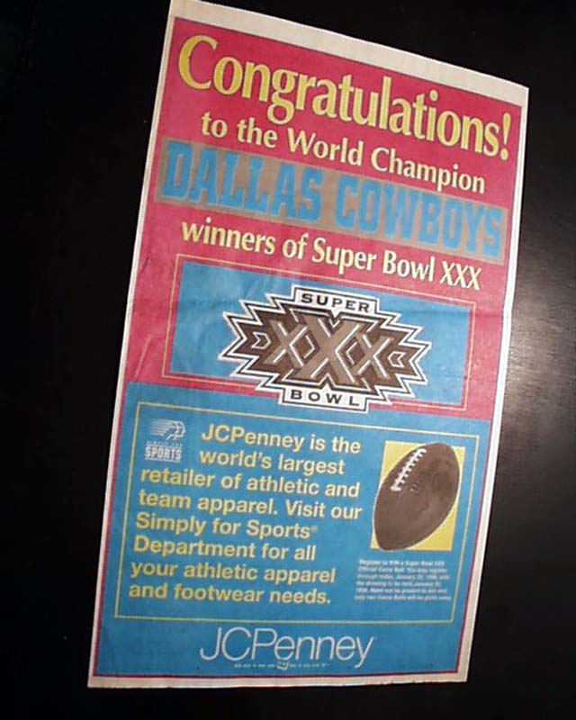 Souvenir Edition Printed same-day The Dallas Cowboys win Super Bowl  XXX 