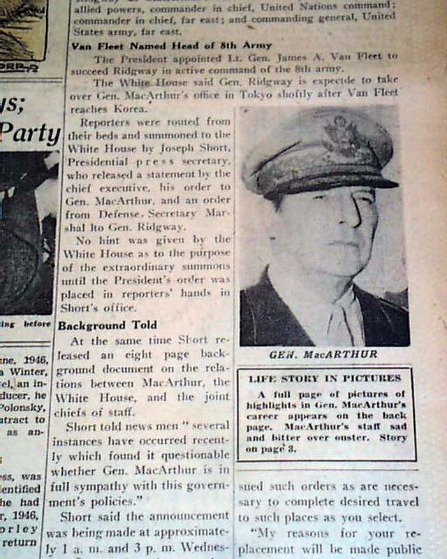 Truman fires General Douglas MacArthur... - RareNewspapers.com