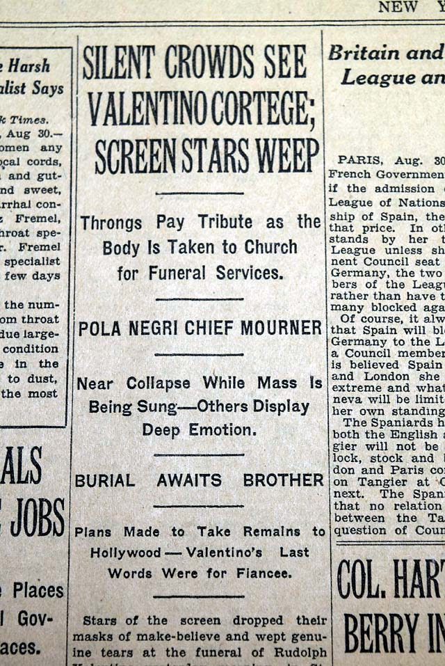 THE NEW YORK TIMES, Aug. 31, 1926&nbsp;* Silent film star Rudolph...