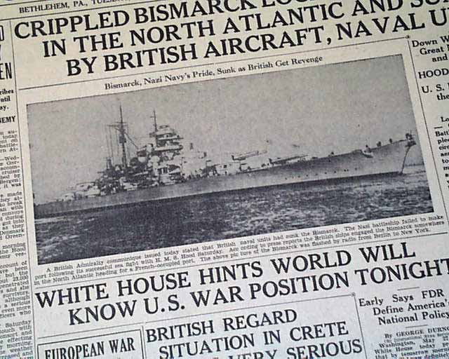 Bismarck Sunk In 1941 Rarenewspapers Com