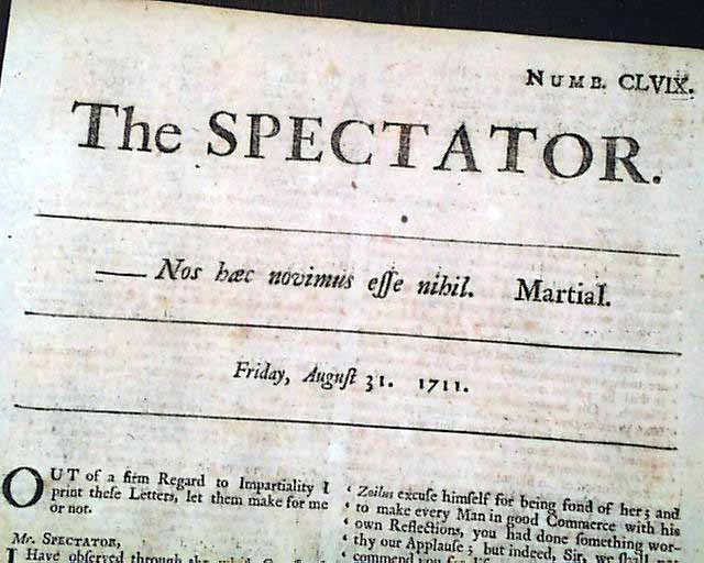 1711 ANTIQUE Spectator Newspaper Famed ADDISON & STEELE .....