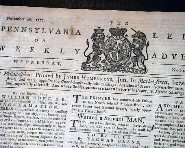 General Howe proclamations in a 1777 Tory newspaper... The latest war ...
