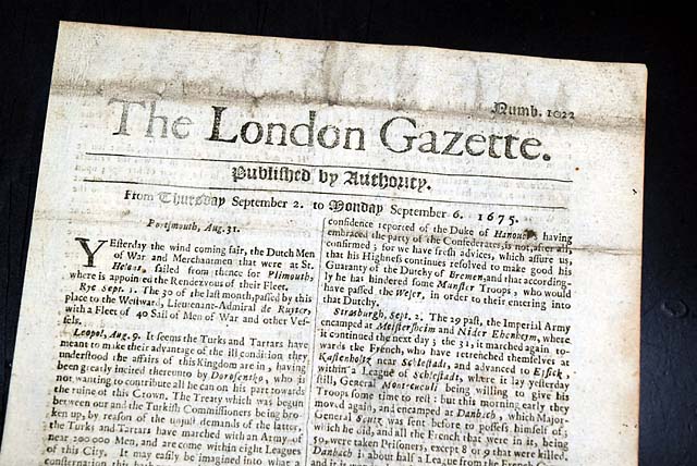 Genuine London Gazette newspaper from 1675...