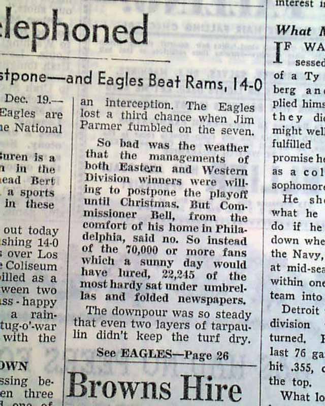 December 18th 1949. In the 17th NFL championship game the Philadelphia  eagles beat the Los Angeles Rams 14 to 0 in a downpour that turned the  field into a giant mud pit. : r/nfl