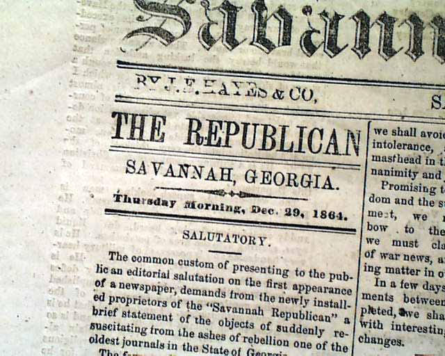 Rare first issue of a Union occupation newspaper in Savannah