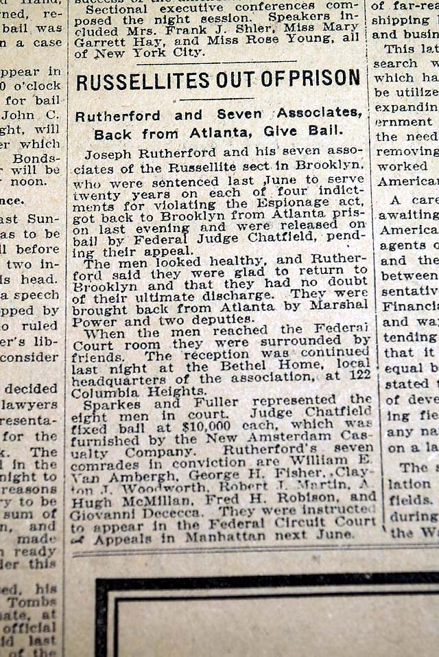 Russellites released from prison in 1919...