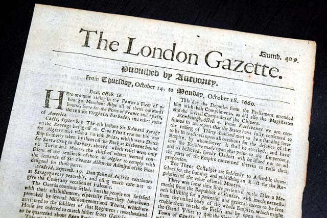 Genuine London Gazette newspaper from 1669...