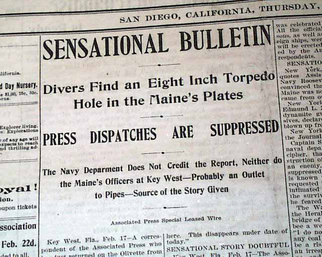 Newspaper front page about the sinking of the USS Maine on