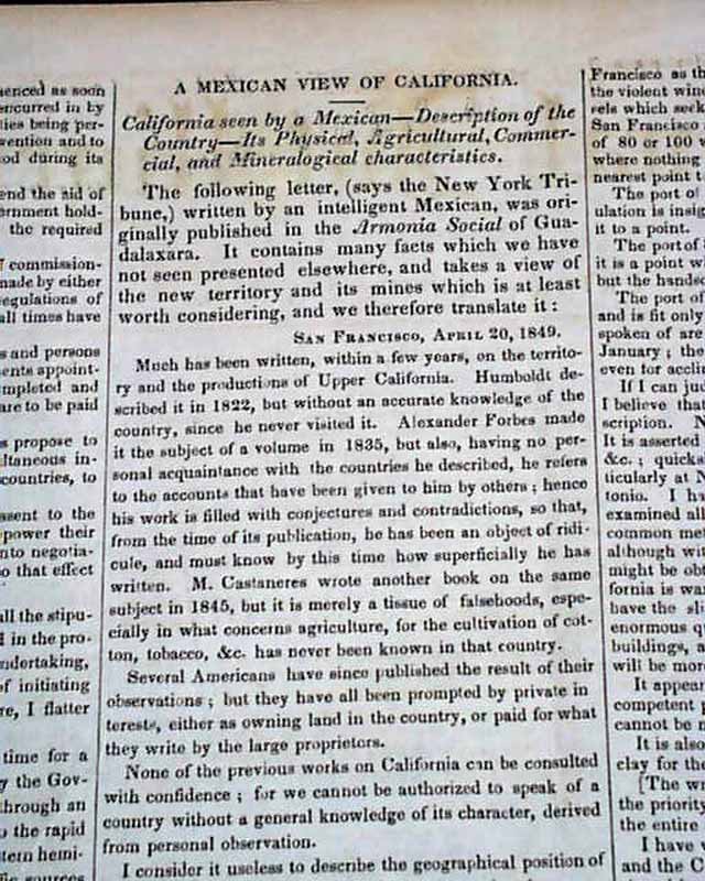 Early Life In California Description During Gold Rush Era 1849 Wash Dc Newspaper Ebay