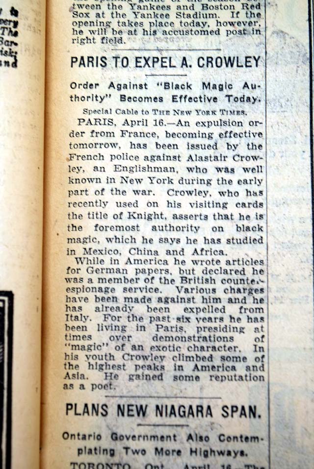 Occultist Aleister Crowley expelled from France...