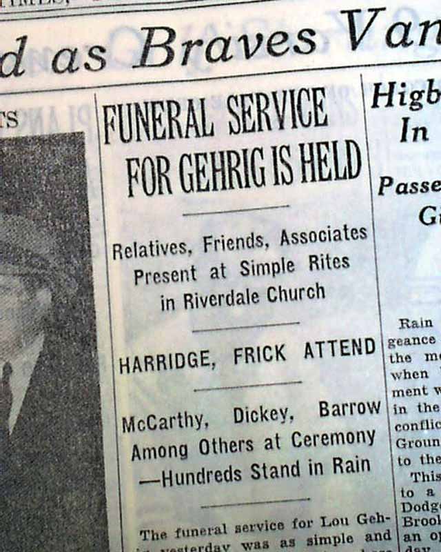 Numerous baseball dignitaries attend the funeral of Lou Gehrig in the Bronx  - This Day In Baseball