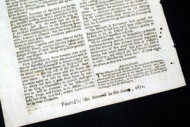 Genuine London Gazette newspaper from 1671...