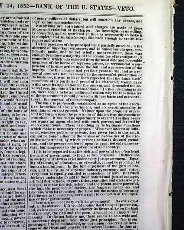 Andrew Jackson vetoes the re-charter of the Bank of the United States ...