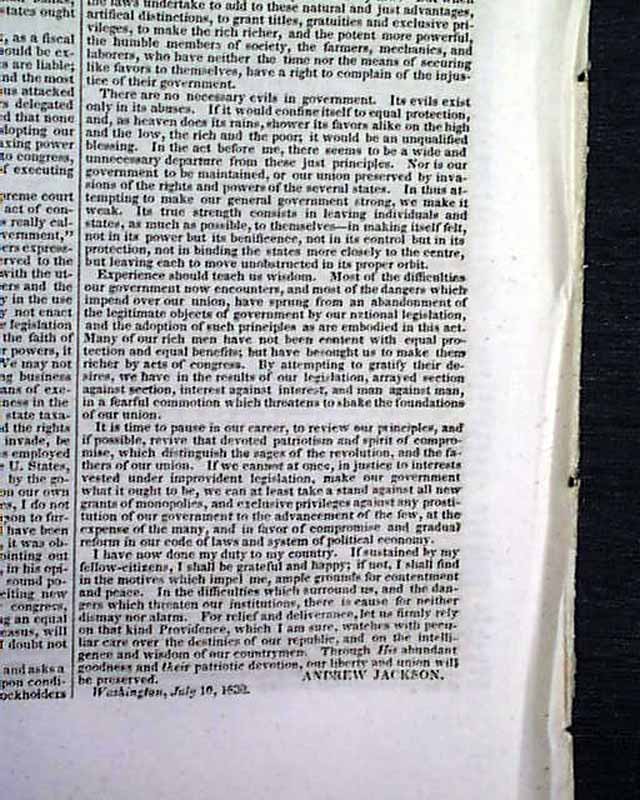 Andrew Jackson vetoes the re-charter of the Bank of the United States ...